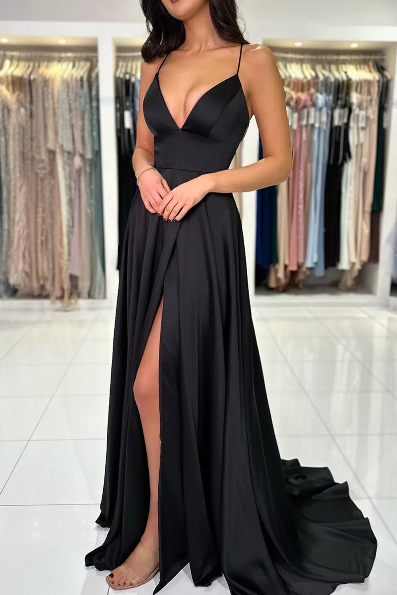 Black A Line V Neck Backless Long Prom Dresses with High Slit, Backles