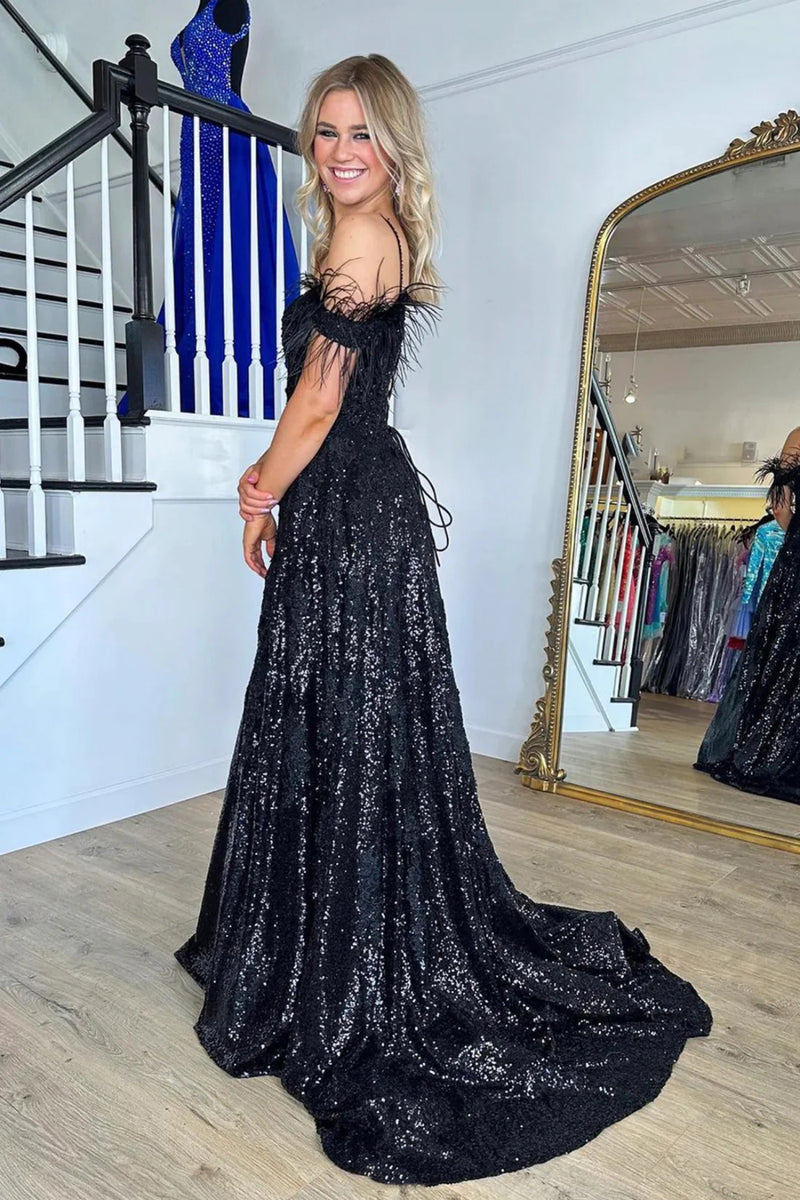 Simple Black Sequins V-Neck Sheath Side Slit Prom Dress