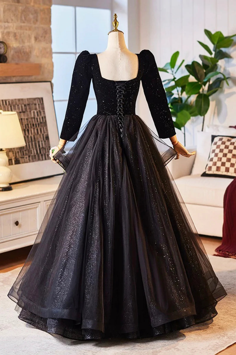 Black Shiny Long Sleeves Floor Length Long Prom Dresses, Long Black Fo