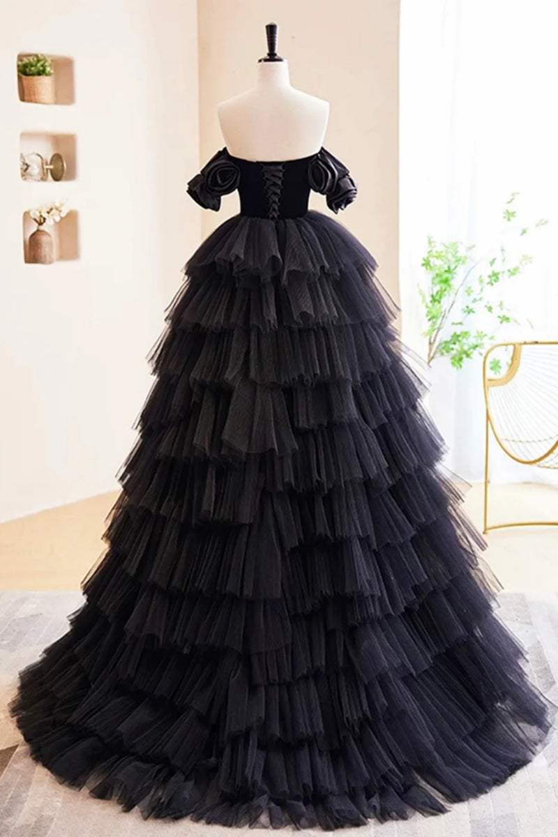 Black Tulle Off Shoulder Sweetheart Neck Layered Long Prom Dresses