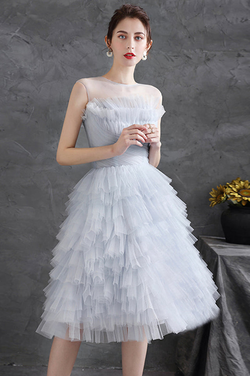 Blue Gray Tulle Princess Round Neck Prom Dresses, Blue Gray Homecoming