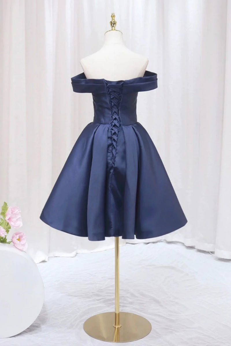 Blue Satin Off Shoulder Simple A-line Prom Dress, Blue Evening Formal Dresses