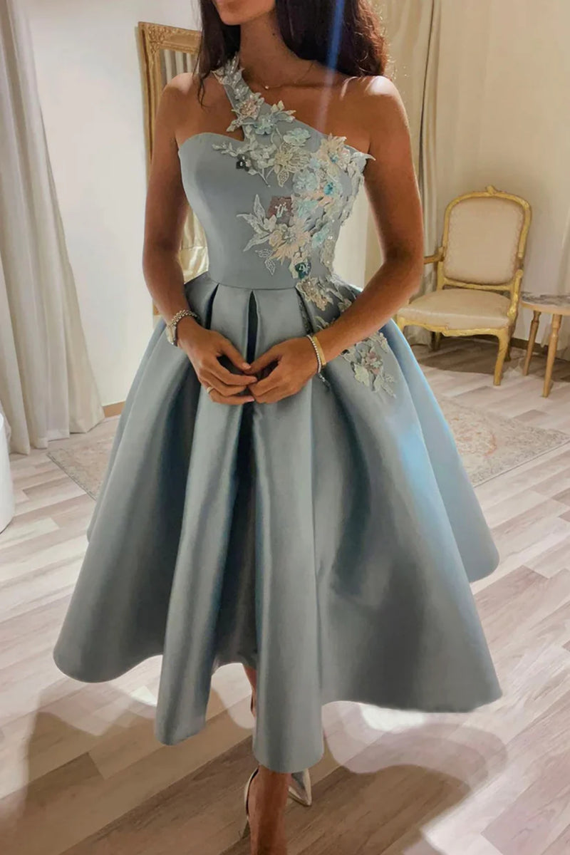 Blue Satin One Shoulder Knee Length Prom Dresses with Appliques, One S Lwt Dress Blue Satin One Shoulder Knee Length Prom Dresses with Appliques, One S Lwt Dress