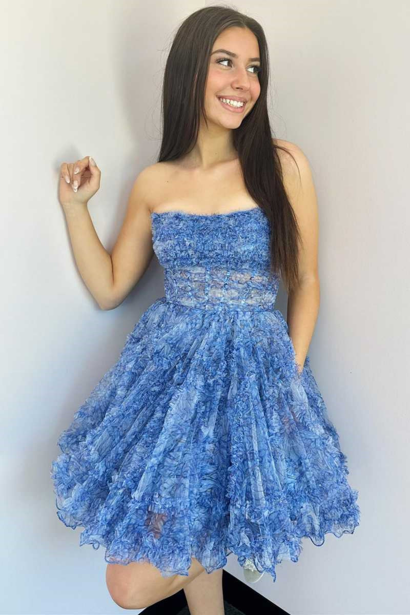 Blue Strapless Printing Lace Prom Dresses, Blue Lace Homecoming Dresse
