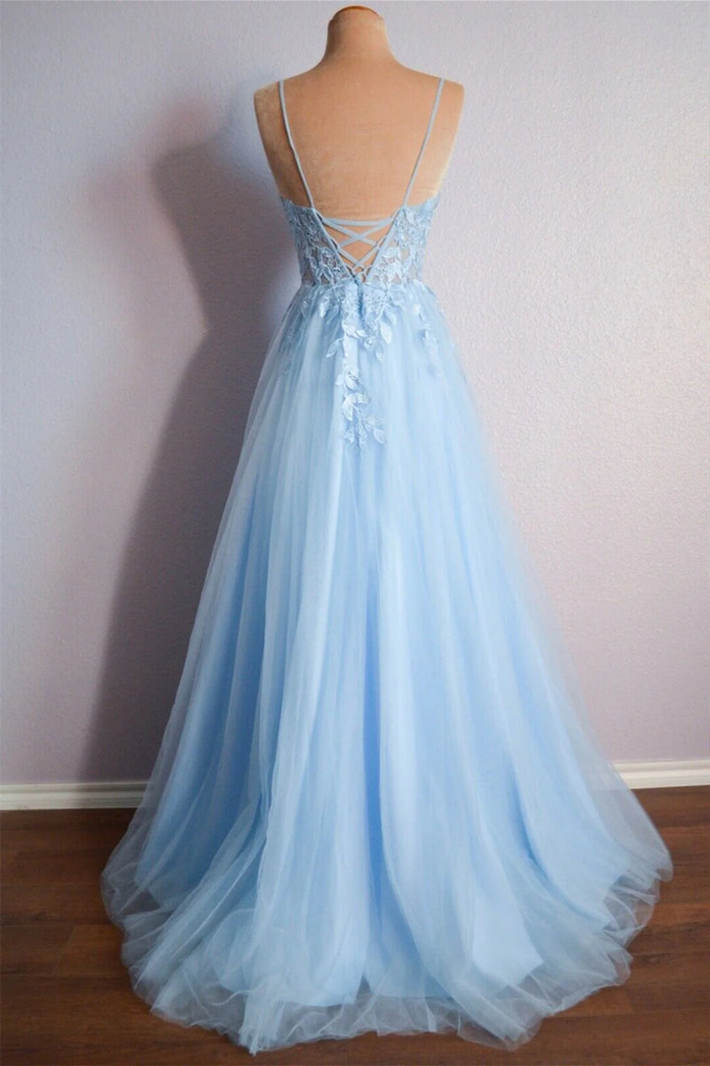 Simple V-neck Tulle Prom Dresses Open Back A-line Gowns main image 1