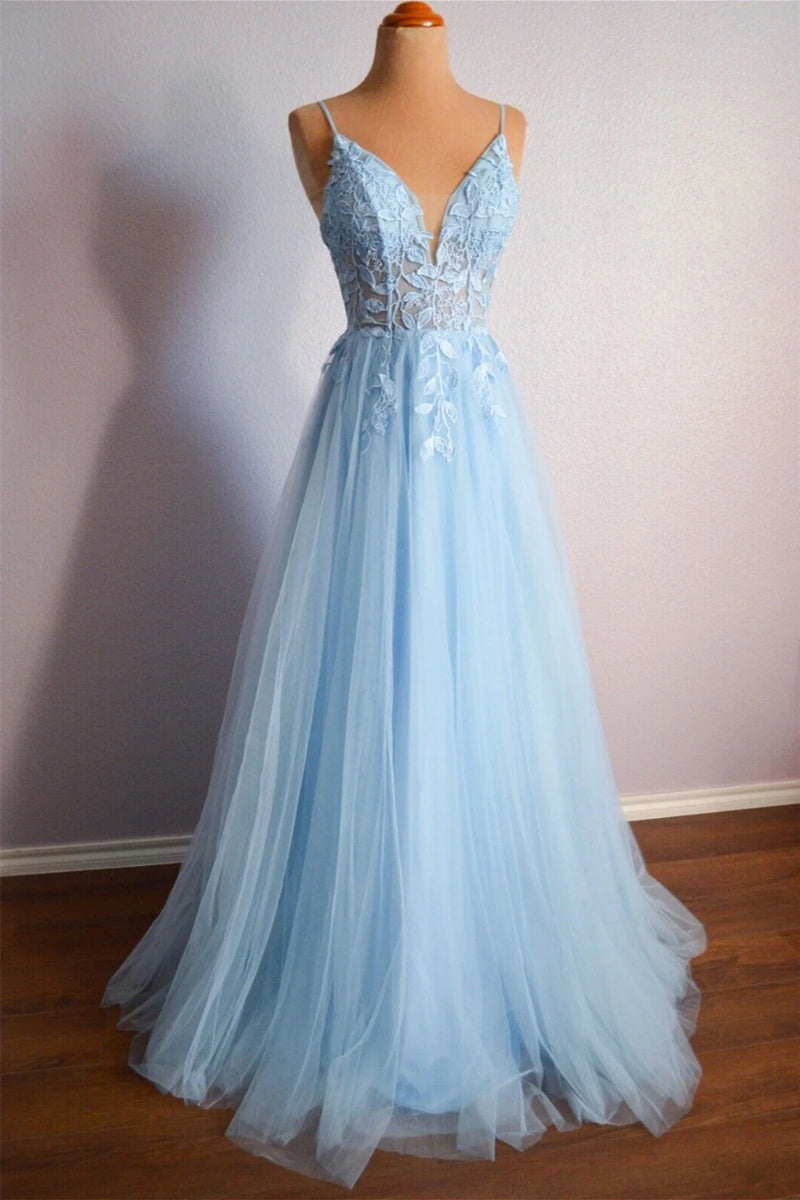 Blue Tulle A Line Open Back V Neck Lace Long Prom Dresses, V Neck Blue