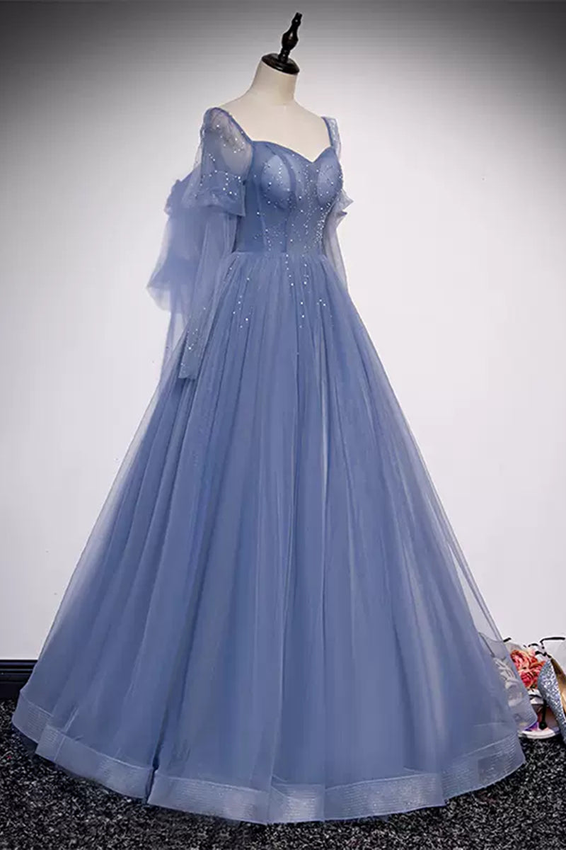 Blue Tulle Long Sleeves Beaded Long Prom Dresses, Long Sleeves Blue Fo