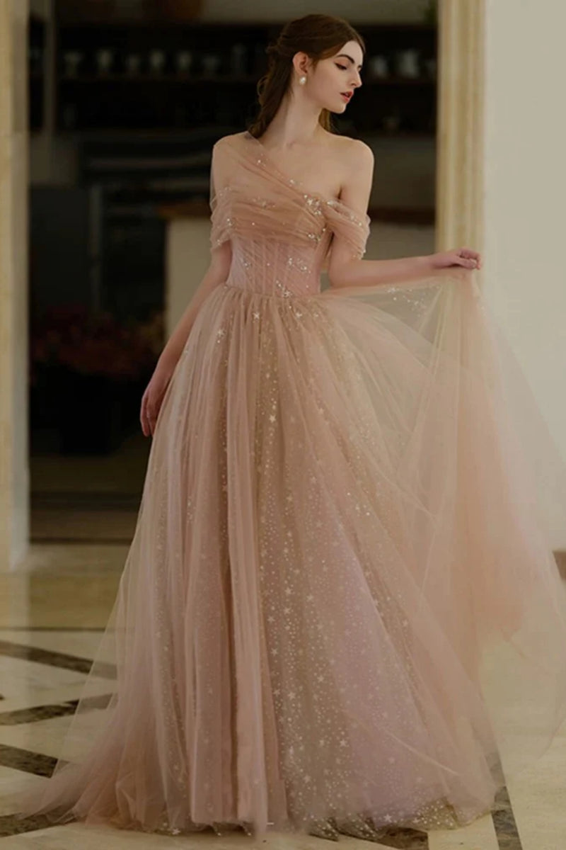 Champagne Tulle Off the Shoulder Lace Long Prom Dresses, Champagne Lac