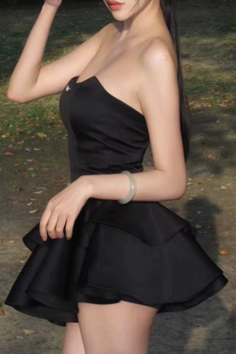 Chic Strapless Black Satin Short Prom Dresses, Layered Black Homecomin