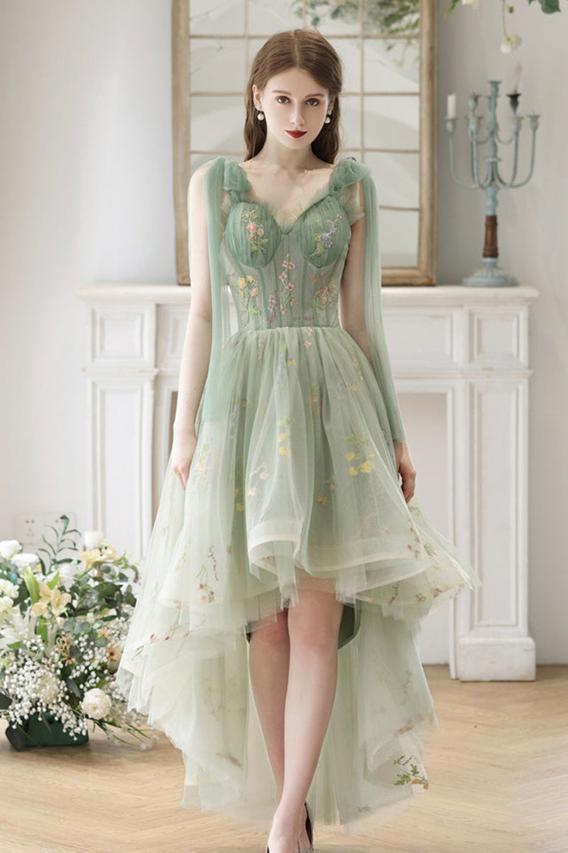 V Neck Long Green Lace Prom Dresses, V Neck Long Green Lace Formal Evening Dresses main image 1