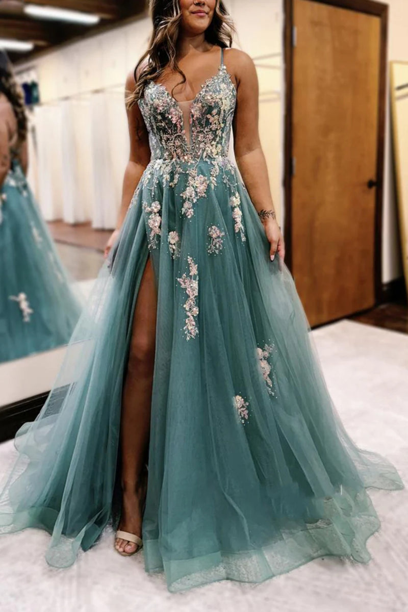 A-Line Green V Neck Beaded Tulle Long Prom Dress, Formal Dress main image 1