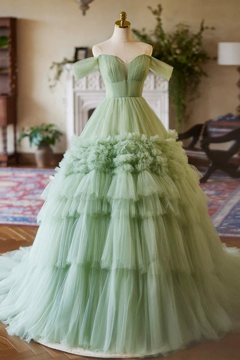 Green Tulle Off Shoulder Layered Long Prom Dresses, Off the Shoulder F