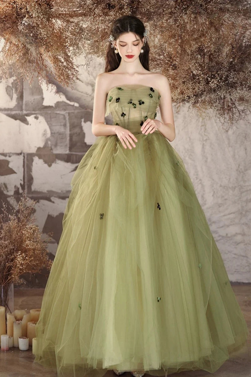 Green Tulle Strapless Floor Length Long Prom Dresses with Appliques, L