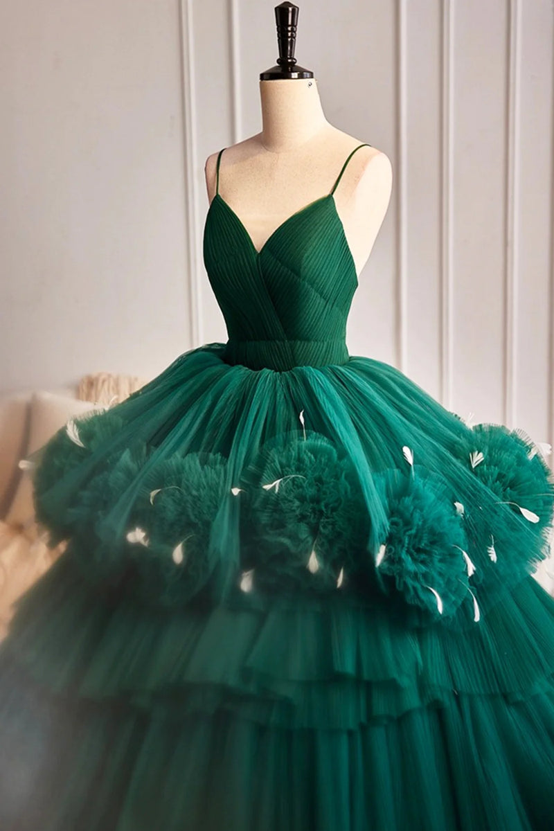 Green V Neck Open Back Layered Tulle Long Prom Dresses, Green Formal E Lwt Dress Green V Neck Open Back Layered Tulle Long Prom Dresses, Green Formal E Lwt Dress