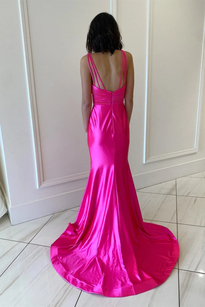Hot Pink Satin V Neck Mermaid Long Prom Dresses, Mermaid Hot Pink Form