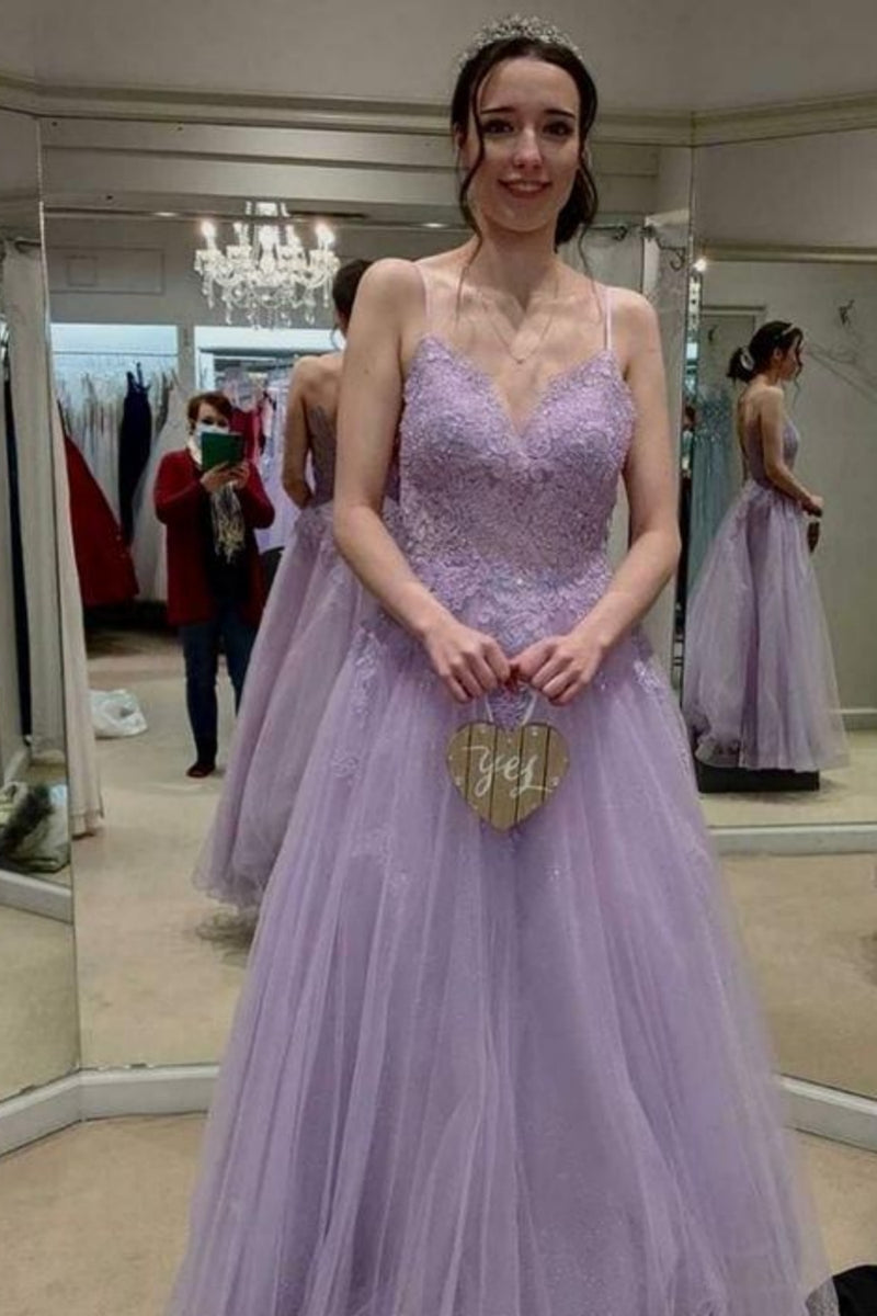 Lavender A Line Tulle Long Prom Dress with Slit main image 0