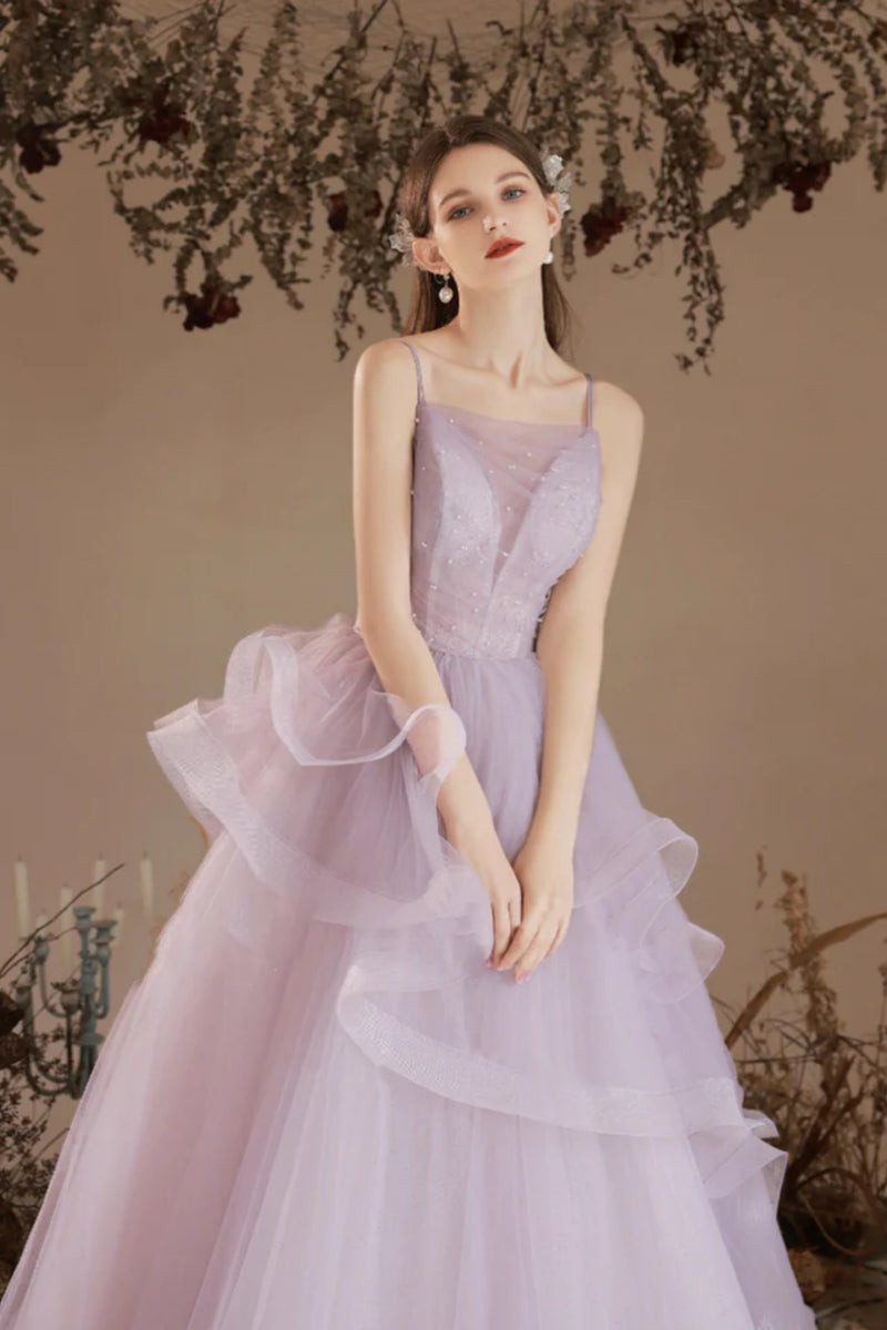 Elegant Off Shoulder Layered Purple Tulle Long Prom Dress, Purple Formal Graduation Evening Dress cc777 main image 1