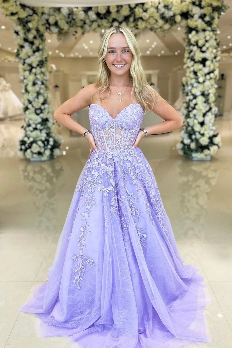 Lilac Lace Strapless Long Prom Dresses, Lilac Lace Formal Dresses