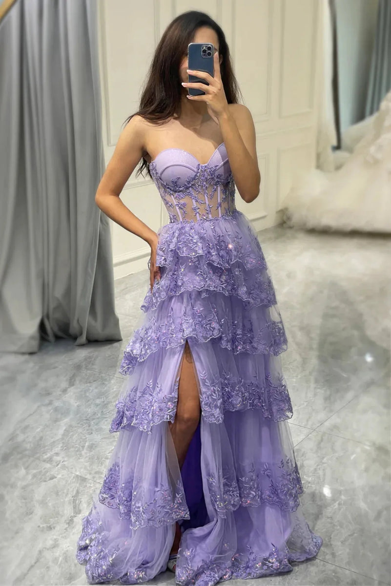 Lilac Strapless Layered Lace Long Prom Dresses with High Slit, Lilac L