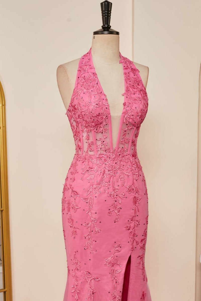 Straps Pink Lace-up Back Mermaid Long Dress main image 0
