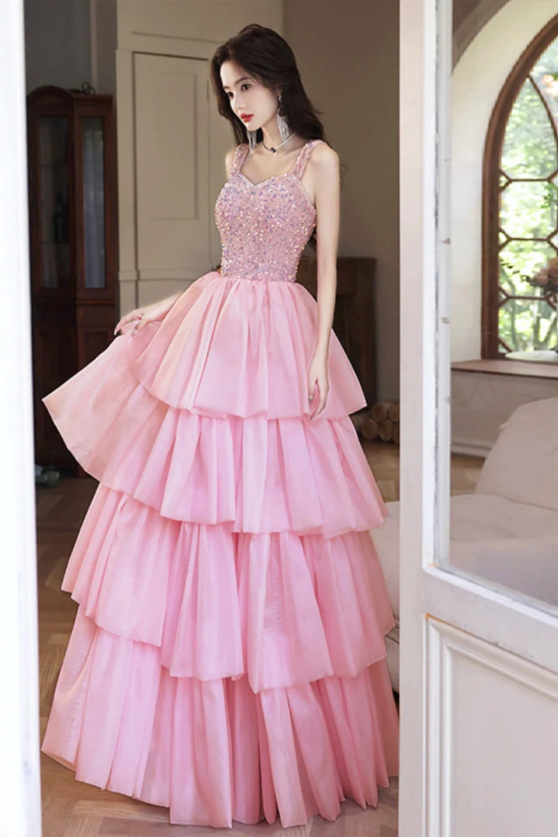 Pink Sequins A Line Layered Long Prom Dresses, Long Pink Formal Gradua