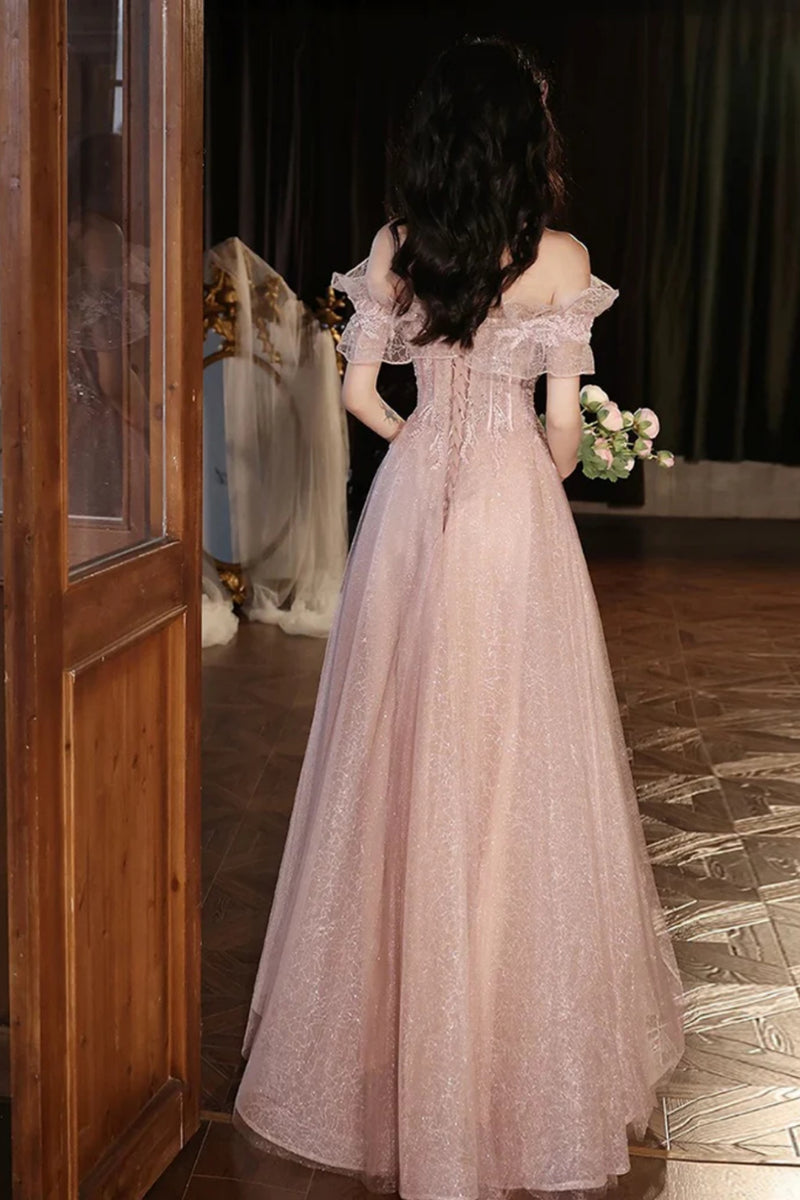 Light Pink A-line Tulle and Lace Off Shoulder Party Dress, Pink Tulle Evening Dress