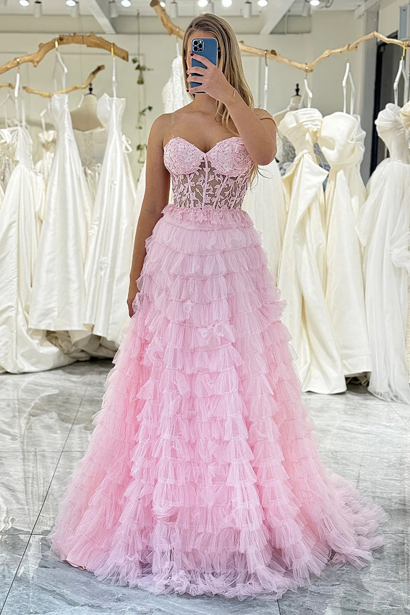 Open Back Hot Pink Tulle Lace Long Prom Dresses, Hot Pink Lace Formal Graduation Evening Dresses Y1585 main image 0