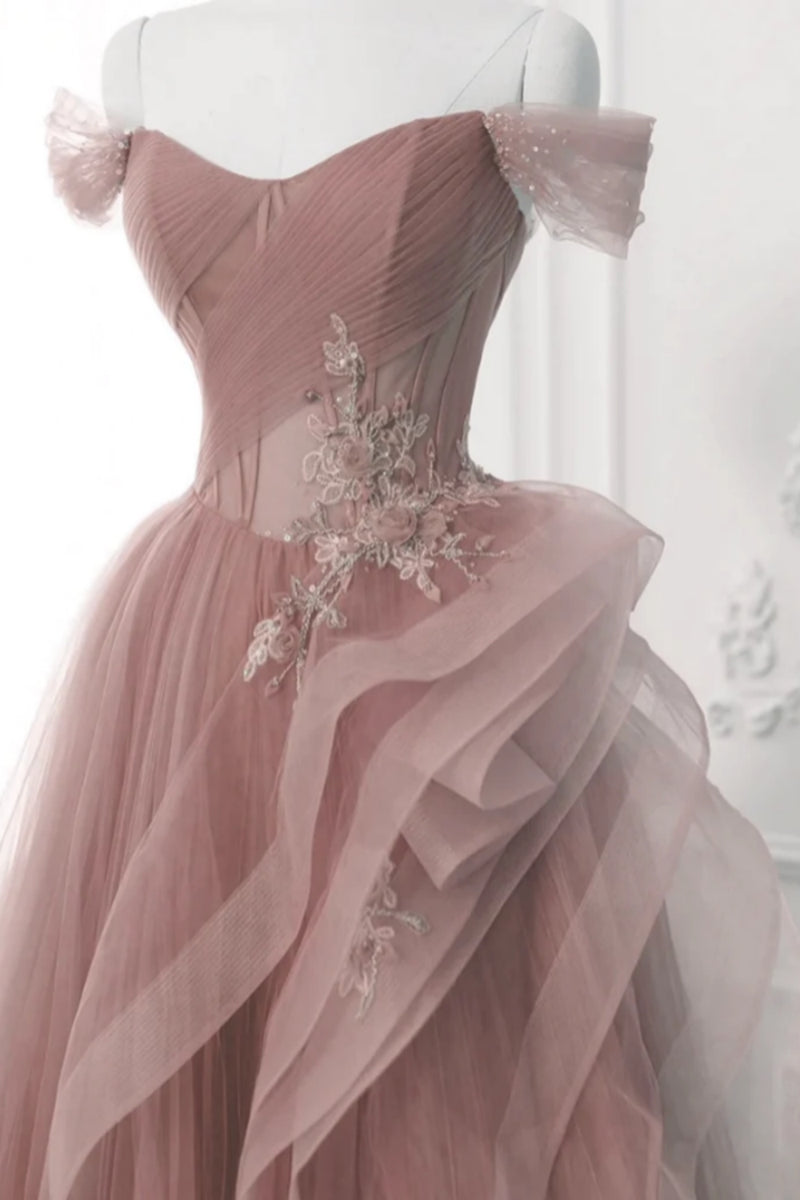 Pink Tulle Off Shoulder Long Prom Dresses with Lace Appliques, Off the ...