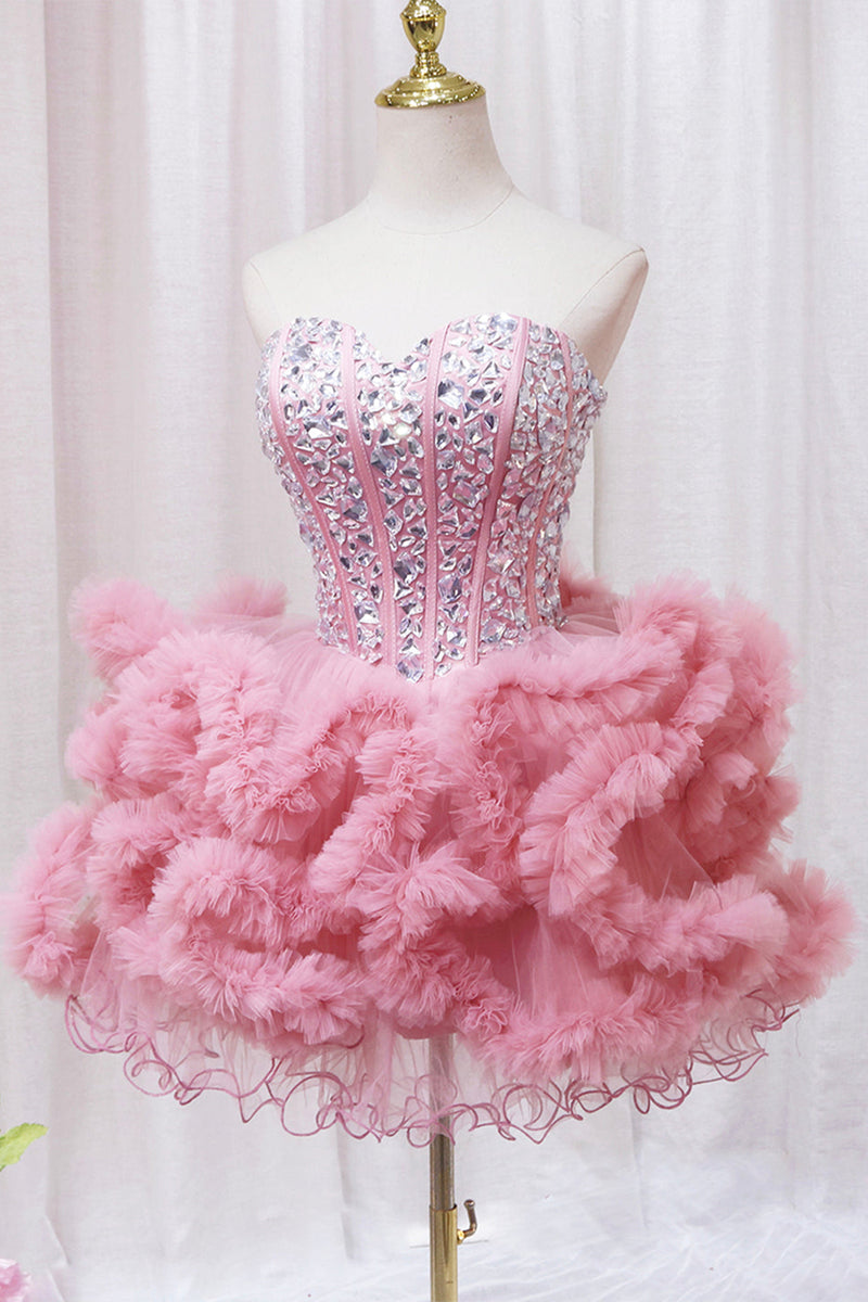 Pretty Strapless Sweetheart Neck Pink Prom Dresses, Short Pink Homecom