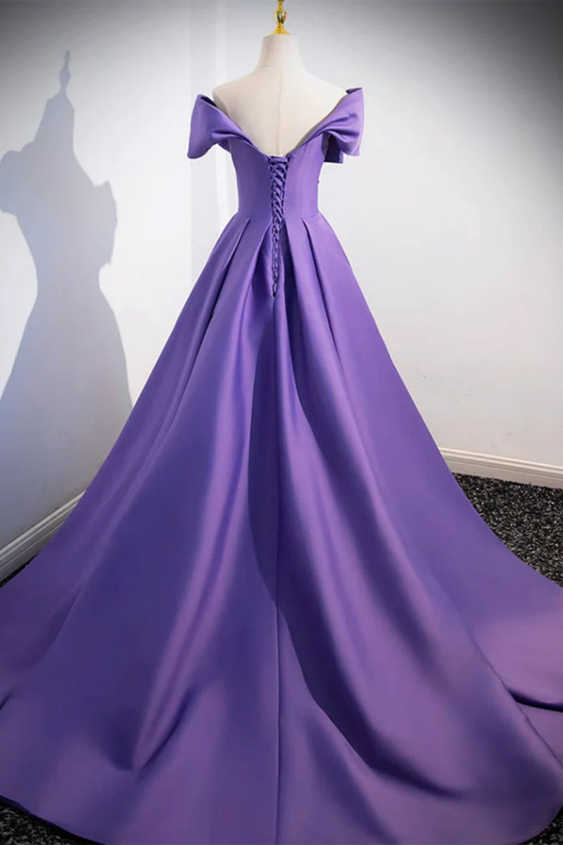 Dramatic Purple Satin Off-Shoulder Dress
