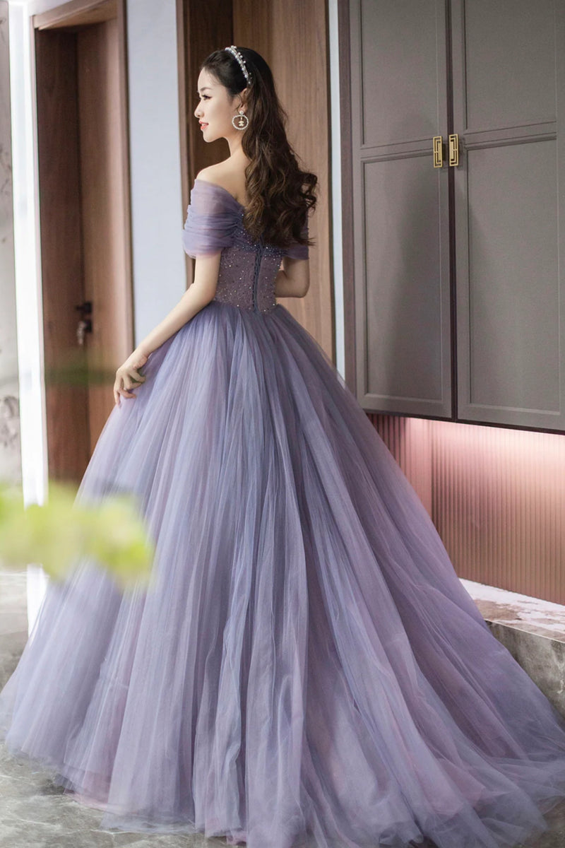 Purple Tulle Off Shoulder Long Prom Dresses with Beadings, Purple Bead