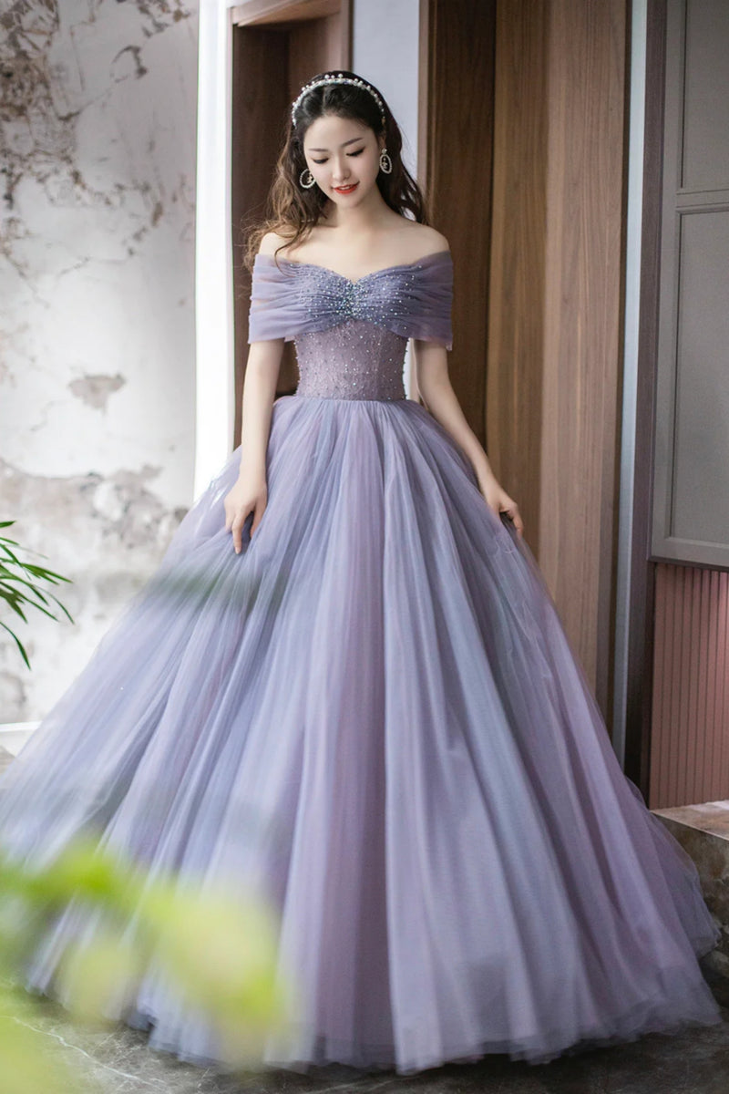 Purple Beaded Feather Off-the-Shoulder Tiered Long Prom Dress with Slit VK23120605