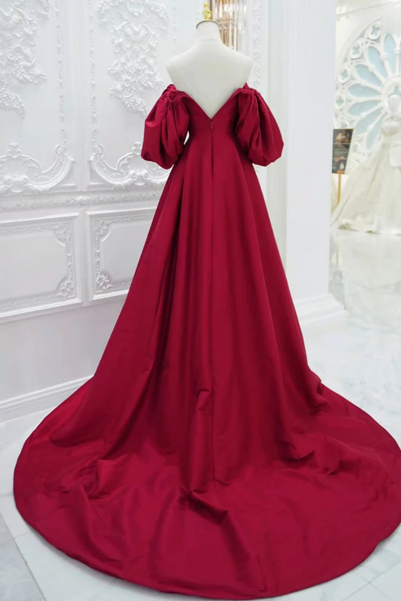 Red Satin V- neck Formal Elegant Gown for Women