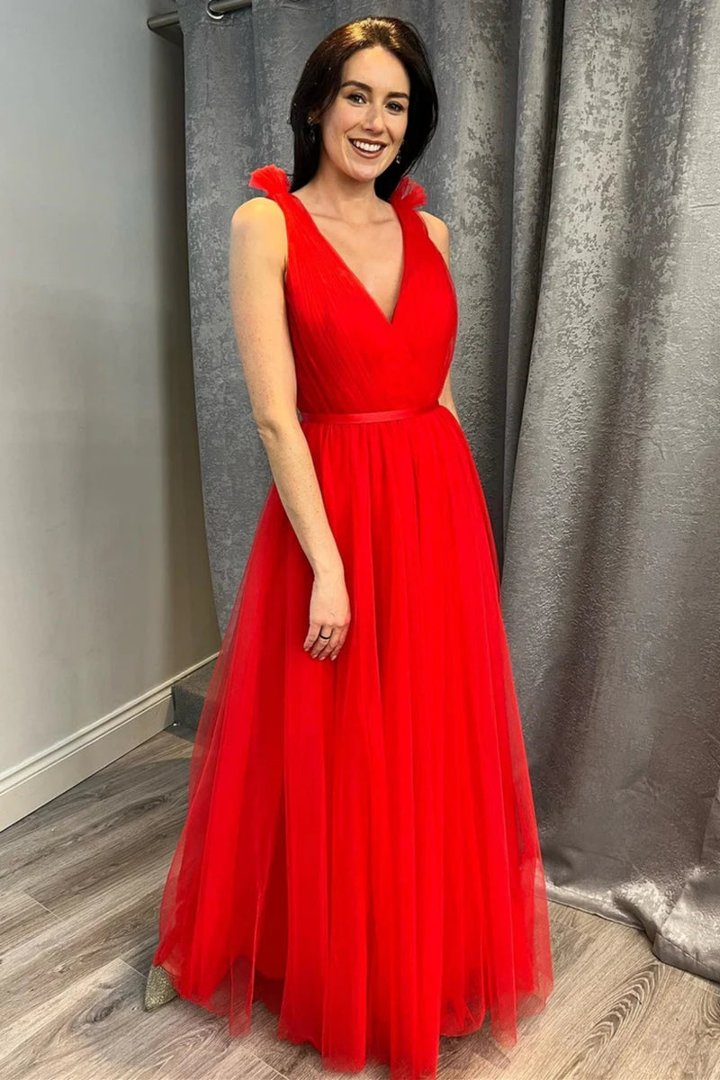 Red Tulle A Line V Neck Floor Length Long Prom Dresses, Long Red Forma