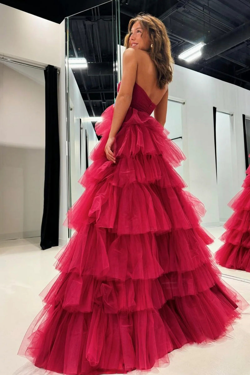 Red Tulle Strapless Layered Long Prom Dresses, Red Tulle Formal Evenin