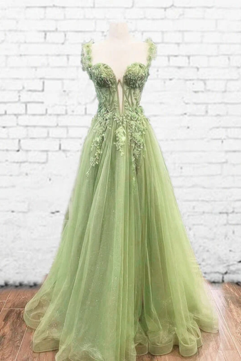 Sage Green A Line V Neck Lace Long Prom Dresses, Sage Green Lace Forma