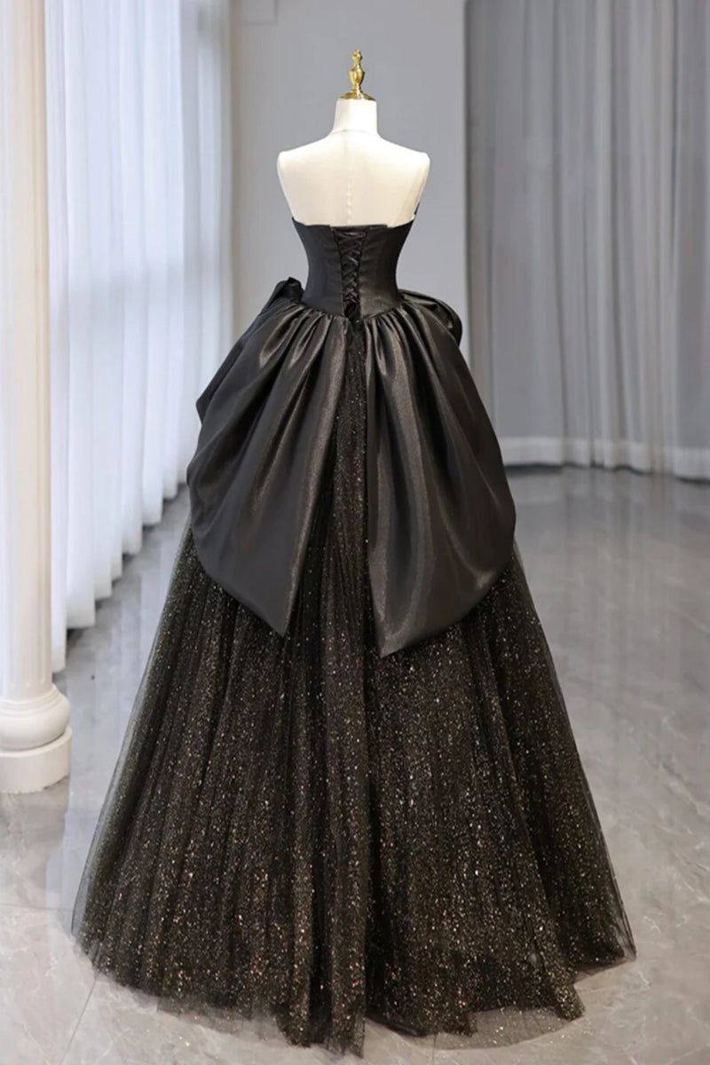 Black Strapless  Tulle Tiered Sheer Prom Dress