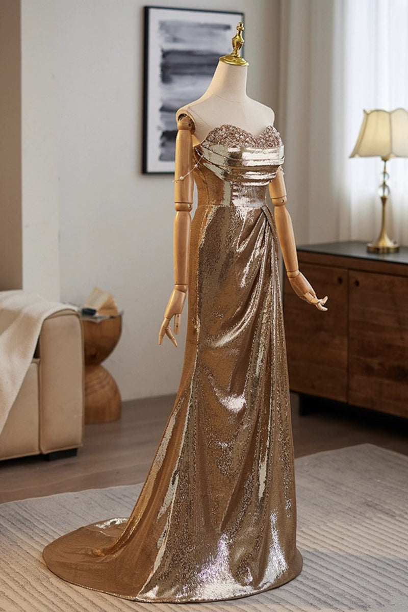 Shiny Strapless Golden Long Prom Dresses, Off the Shoulder Gold Formal