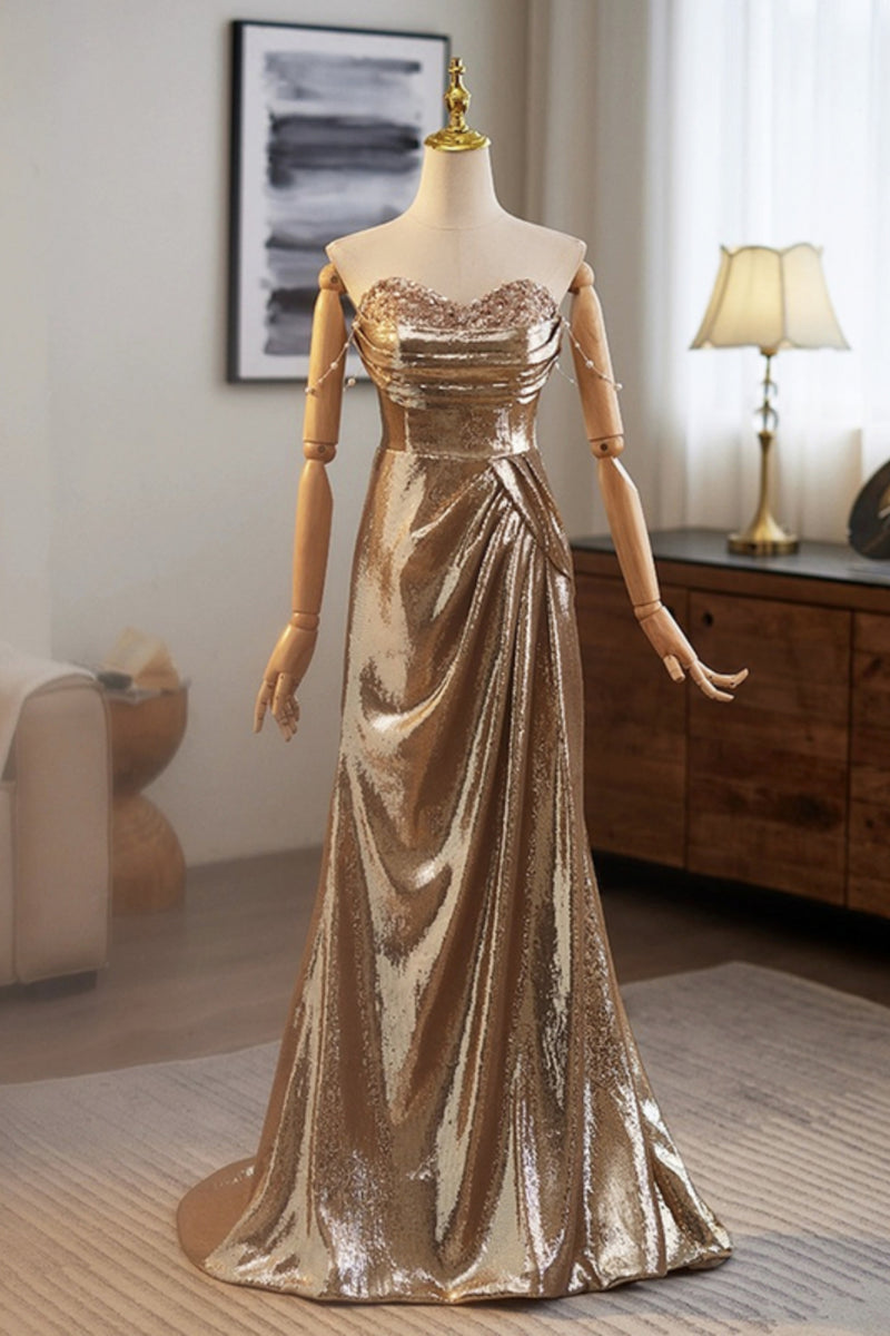 Shiny Strapless Golden Long Prom Dresses, Off the Shoulder Gold Formal – Lwt Dress