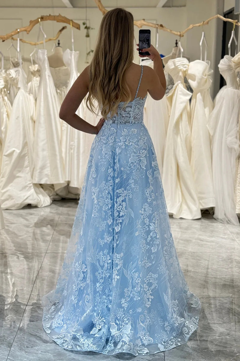 Sky Blue Lace A Line Open Back V Neck Long Prom Dresses, Sky Blue Lace   Lwt Dress