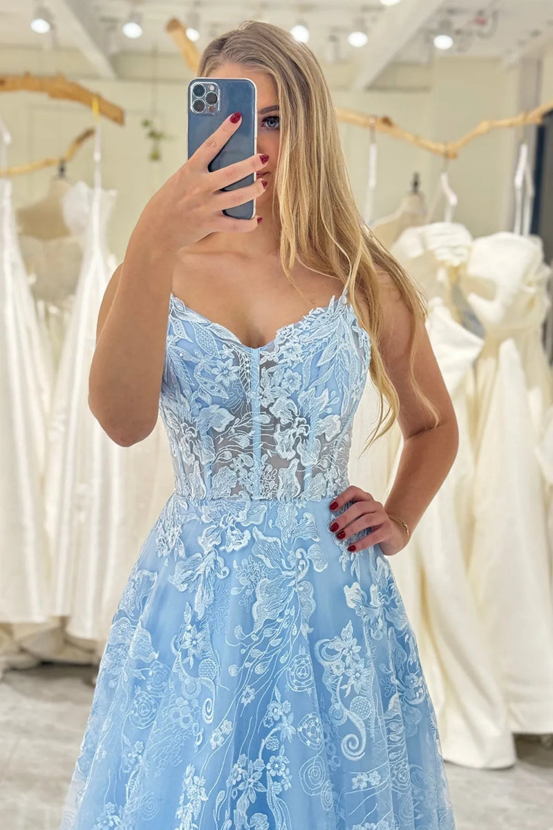 Sky Blue Lace A Line Open Back V Neck Long Prom Dresses, Sky Blue Lace