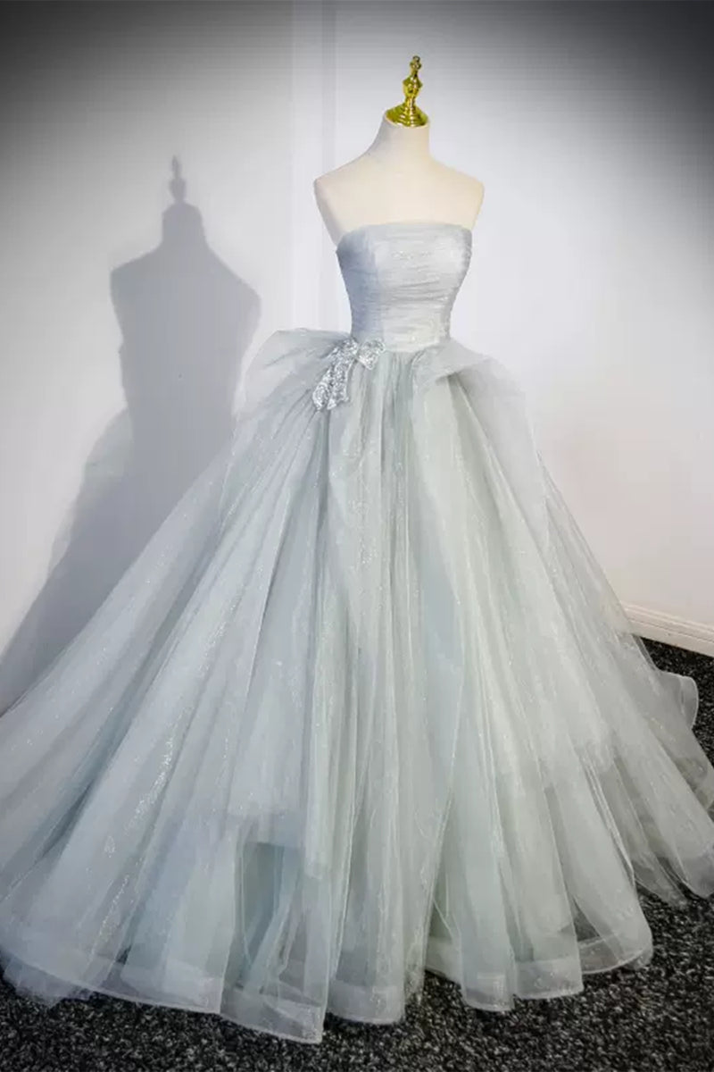 Elegant Long A-line Strapless Tulle Formal Evening Prom Dresses main image 0
