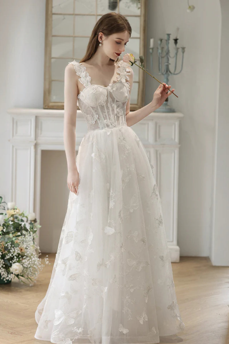 White Lace Floral Long Prom Dresses, Spaghetti Straps White Formal Dre