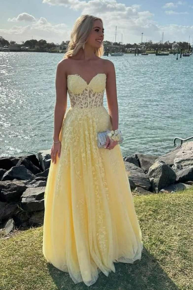 Yellow/Red Strapless Lace Long Prom Dresses, Yellow/Red Lace Formal Gr