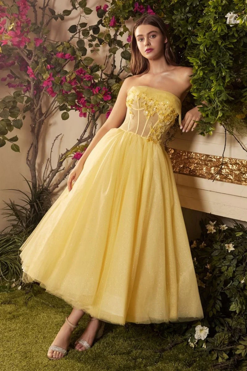 Yellow Tulle Strapless Tea Length Lace Prom Dresses, Yellow Lace Forma