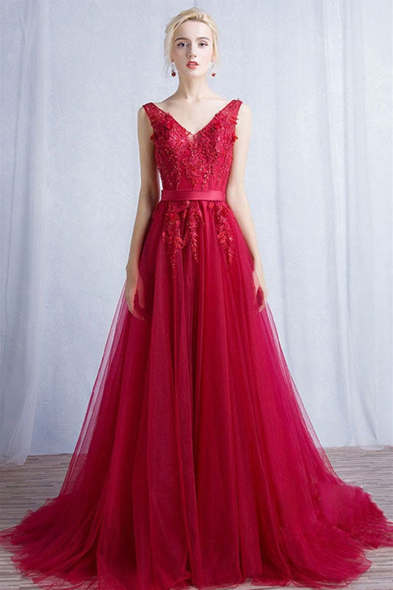 Elegant Burgundy Long A-line Strapless Tulle Lace Prom Dresses