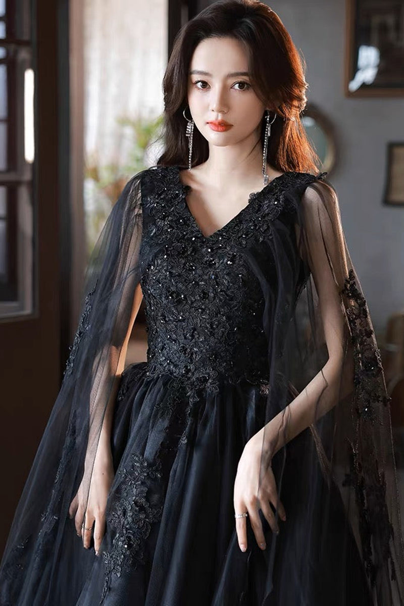 Black v neck lace tulle long prom dress, black evening dress Y1147
