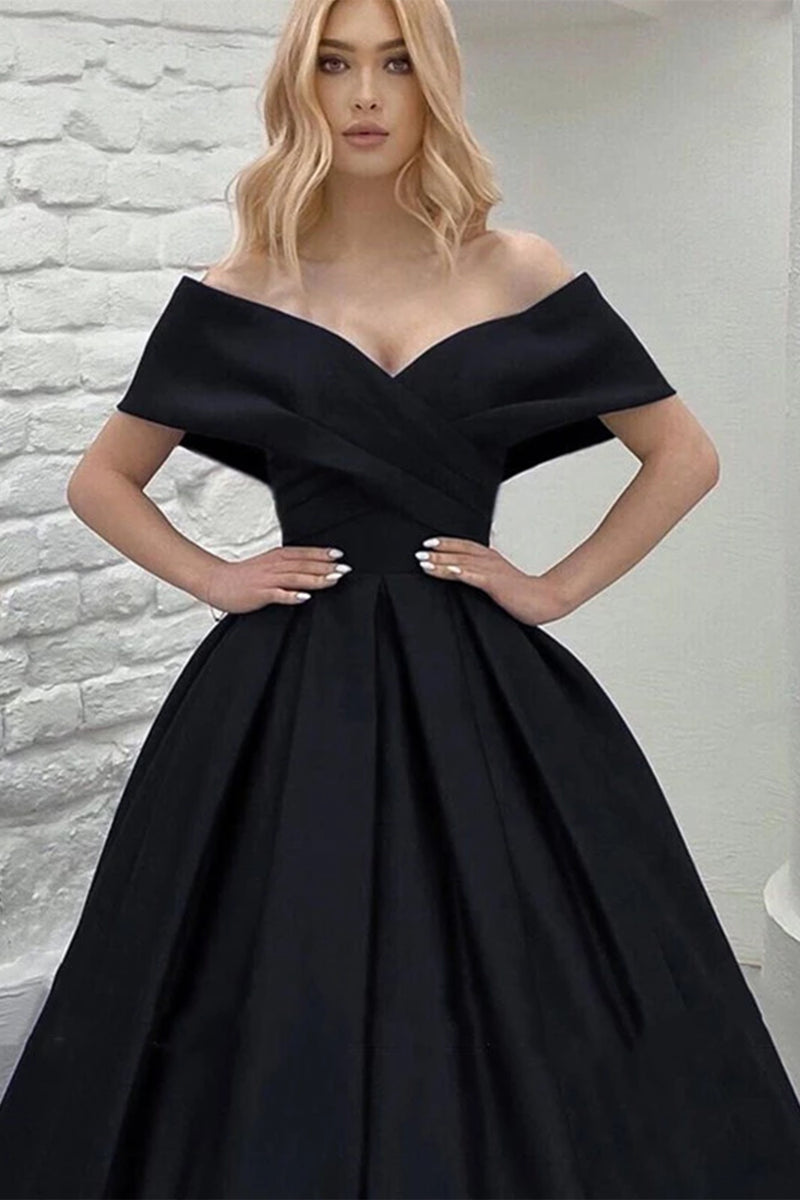 Black Satin Off Shoulder Long Prom Dresses, Off the Shoulder Black For