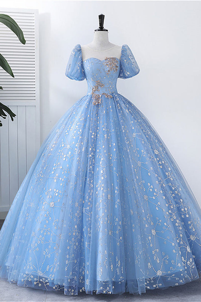 Blue Lace Gorgeous Short Sleeves Long Prom Dresses, Blue Lace Formal E