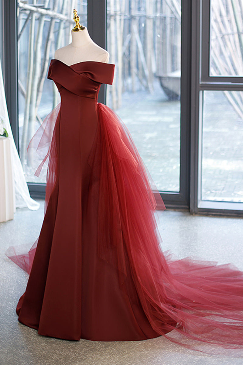 Burgundy Off The Shoulder Mermaid Sequins Long Formal Dress main image 1